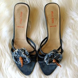 Miu Miu denim blue and hibiscus flower sandals